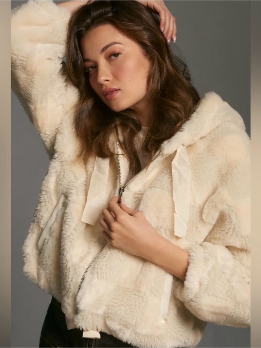 Anthropologie Cropped Faux Fur Check Hoodie Teddy Jacket
